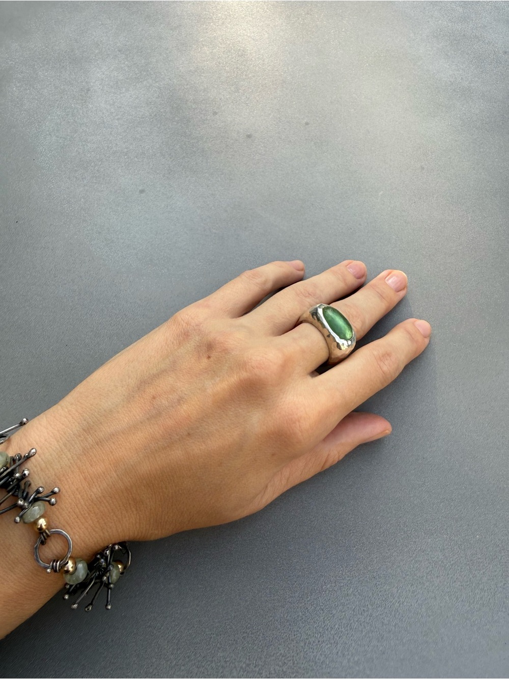 Sterling Silver Statement Ring 925 | Green Glass | Size 9-10 | Artisan Handmade - Picture 2 of 13